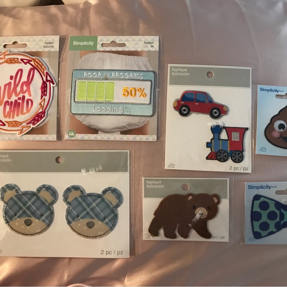 Simplicity Kids Iron-On Patches Assortment lot 9 poop diaper bib shirt decor car
